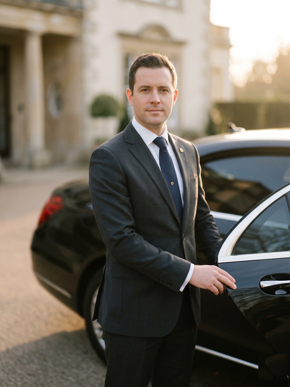 Professional chauffeur in a tailored suit opening a passenger door