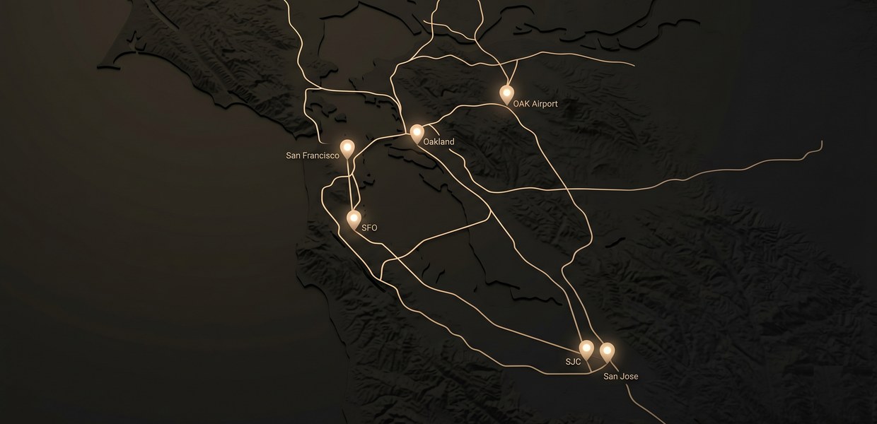 Map of Bay Area service coverage including San Francisco, Oakland, San Jose, SFO, OAK and SJC airports