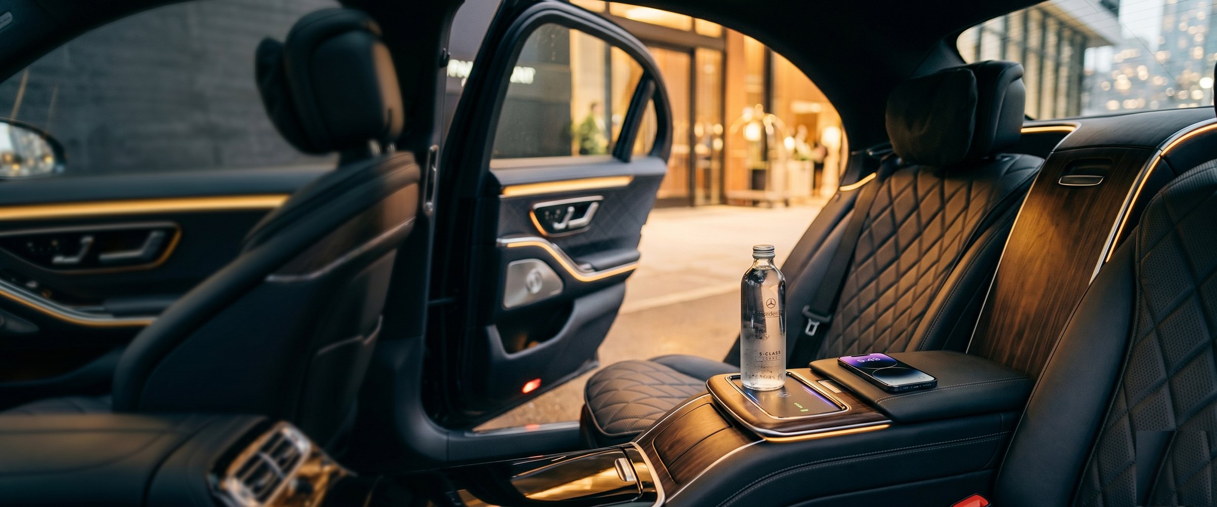 Rear cabin of a chauffeured vehicle with quilted leather, still water and wireless charging